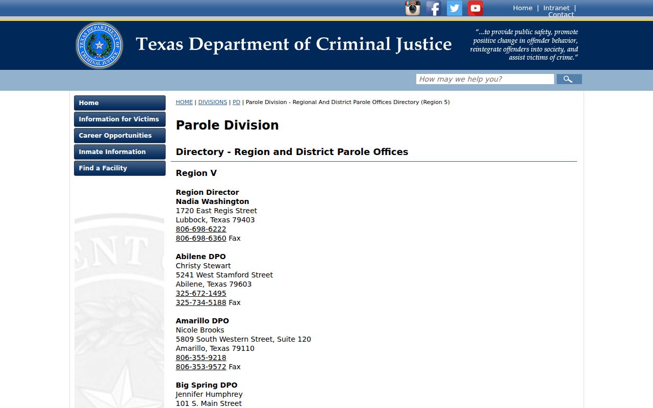 Shackelford County Moran criminal record and Region V parole office contacts