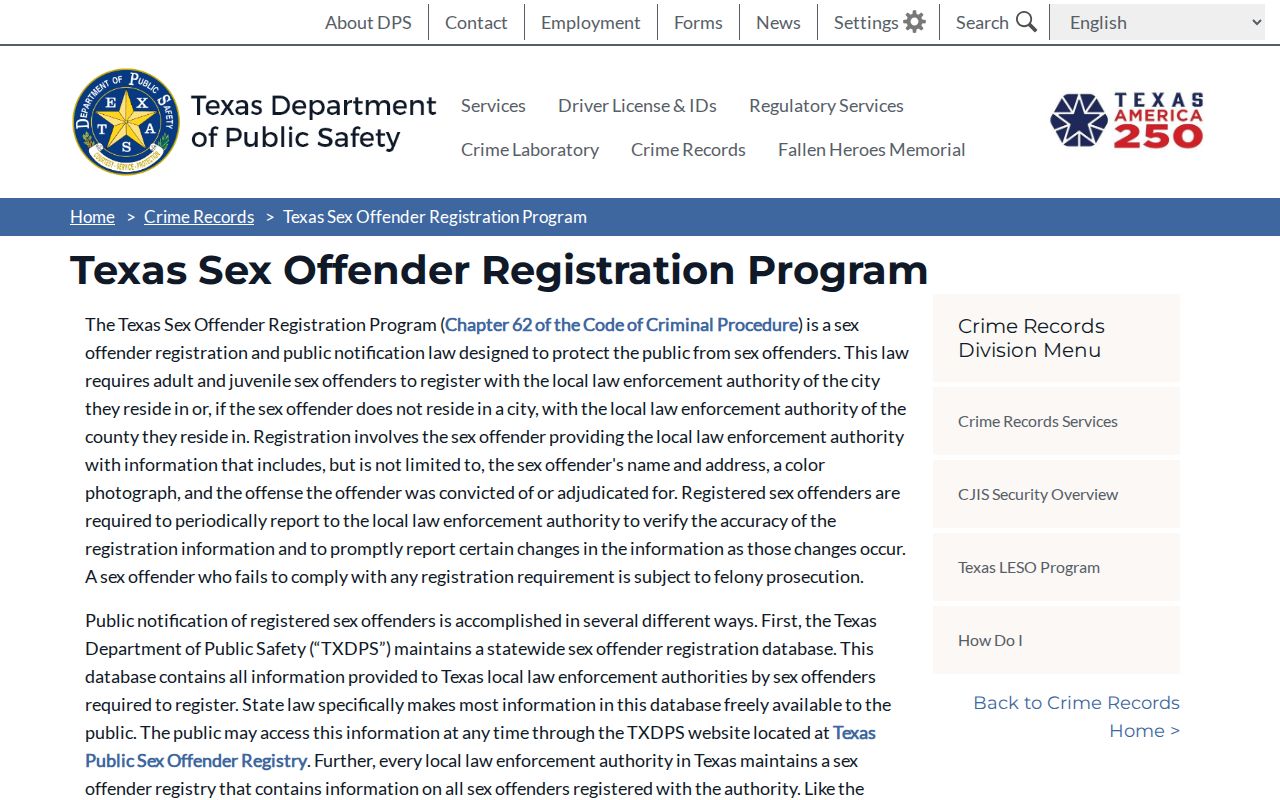 Texas DPS program information for Shackelford County sex offender records